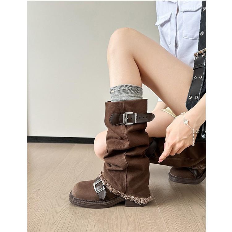 Vintage Round Head Belt Buckle Versatile Thick Heel Sleeve Cowboy Boots Wasteland Wind Pile Tall Maillard Platform Boots