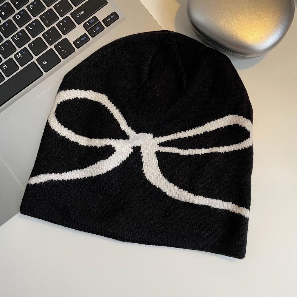 Autumn and Winter Korean Bow Printed Knitted Hat Retro Cute Elastic Versatile Cold Hat Warm Wool Hat