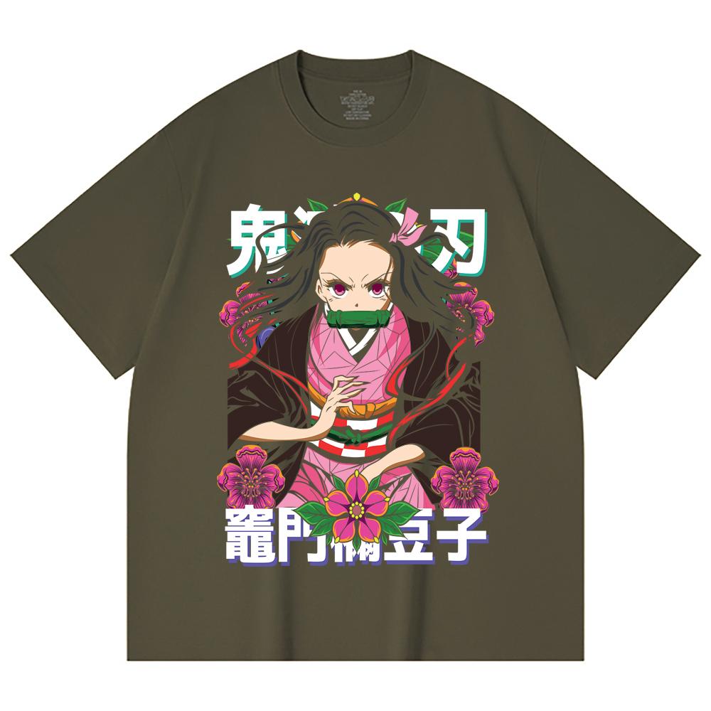 230 Gsm 100% Cotton Demon Slayer V70 Nezuko Flower Print Unisex Heavy Cotton T Shirt