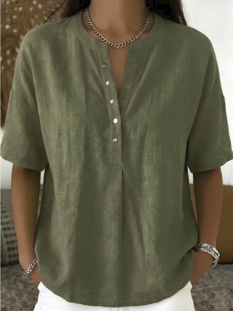 Pink V-Neck Short Sleeve Loose Fit Blouse with Buttons