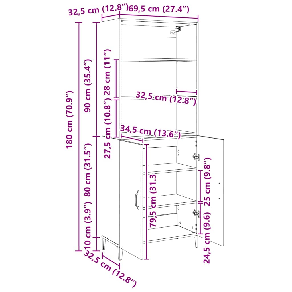 Highboard Black Oak Effect 69.5 x 32.5 x 180 cm