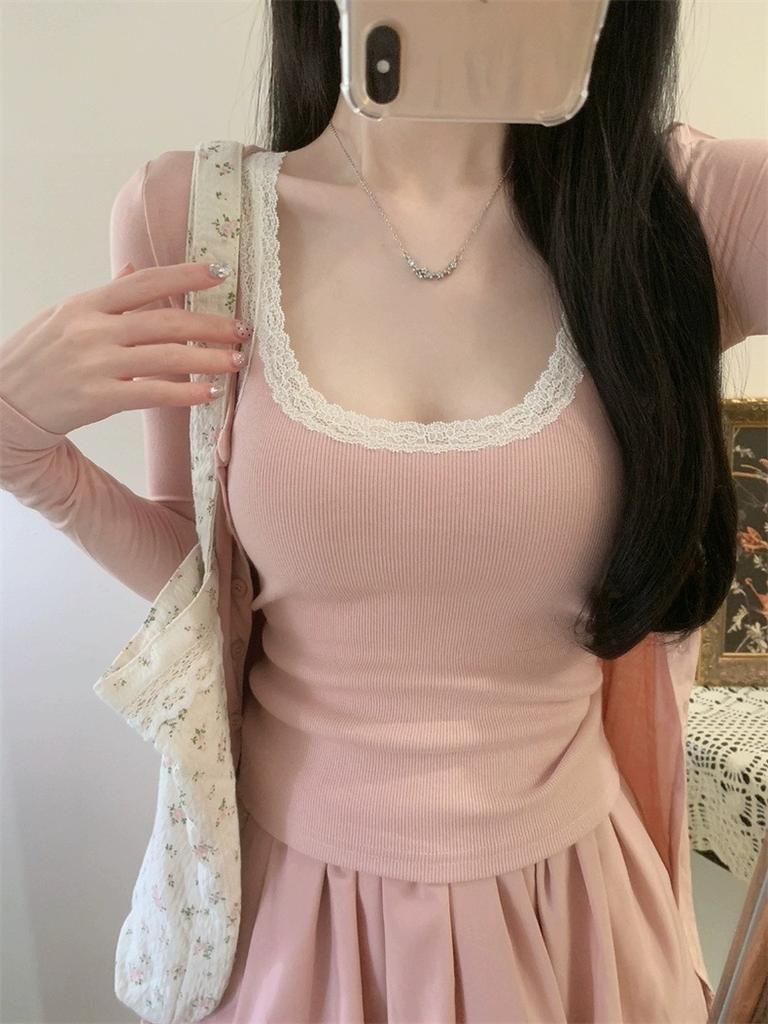 #Early Autumn New Pure Lace Splicing U-neck Sling Vest Slim and Thin Women's Fixed Belt Chest Pad