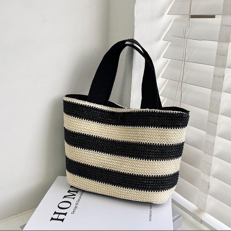 Summer Stripe Straw Bag Dam Casual Liten Väven Handväska Stor kapacitet Handgjord Strandrotting Tygväska