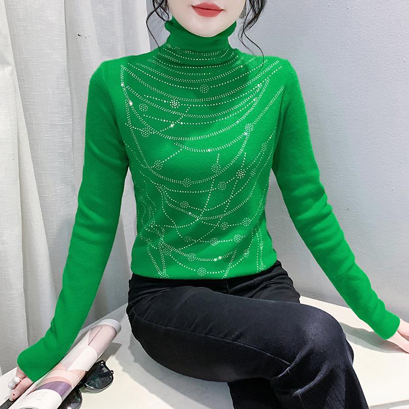 Damski dopasowany sweter z dzianiny z golfem i hot-dżetami na jesień/zimę 2024