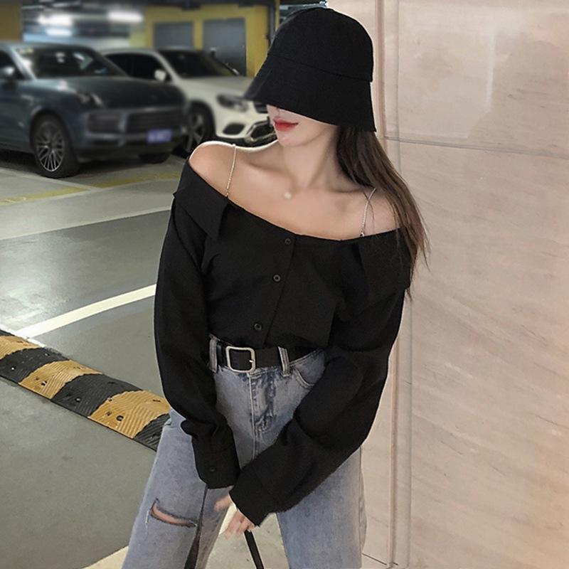 

Женская блузка, повседневная футболка, свободная блузка с открытыми плечами и пуговицами спереди, с длинным рукавом, топ L