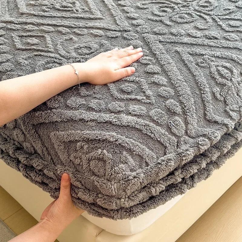 3D Ražba Sametový Přehoz na Postel Hrubý Teplý Plyšové Prostěradlo s Napínací Gumou Protiskluzový Elastický Potah Matrace Prodyšný, nehlučný potah matrace,