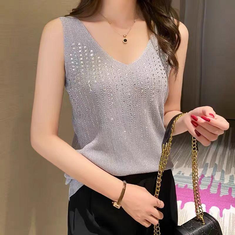 Women's Summer 2025 Rhinestone Knit Tank Top - Sleeveless Ice Silk Camisole