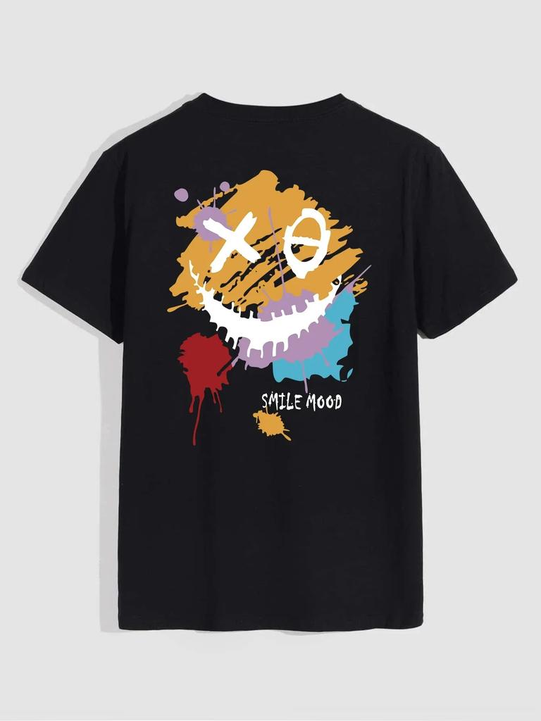 'Smile Mood' Print, Men's Casual Crew Neck Short-Sleeve  Fashion Summer T-Shirts Tops, Men's Outfits Tee,Regular Oversize Tees