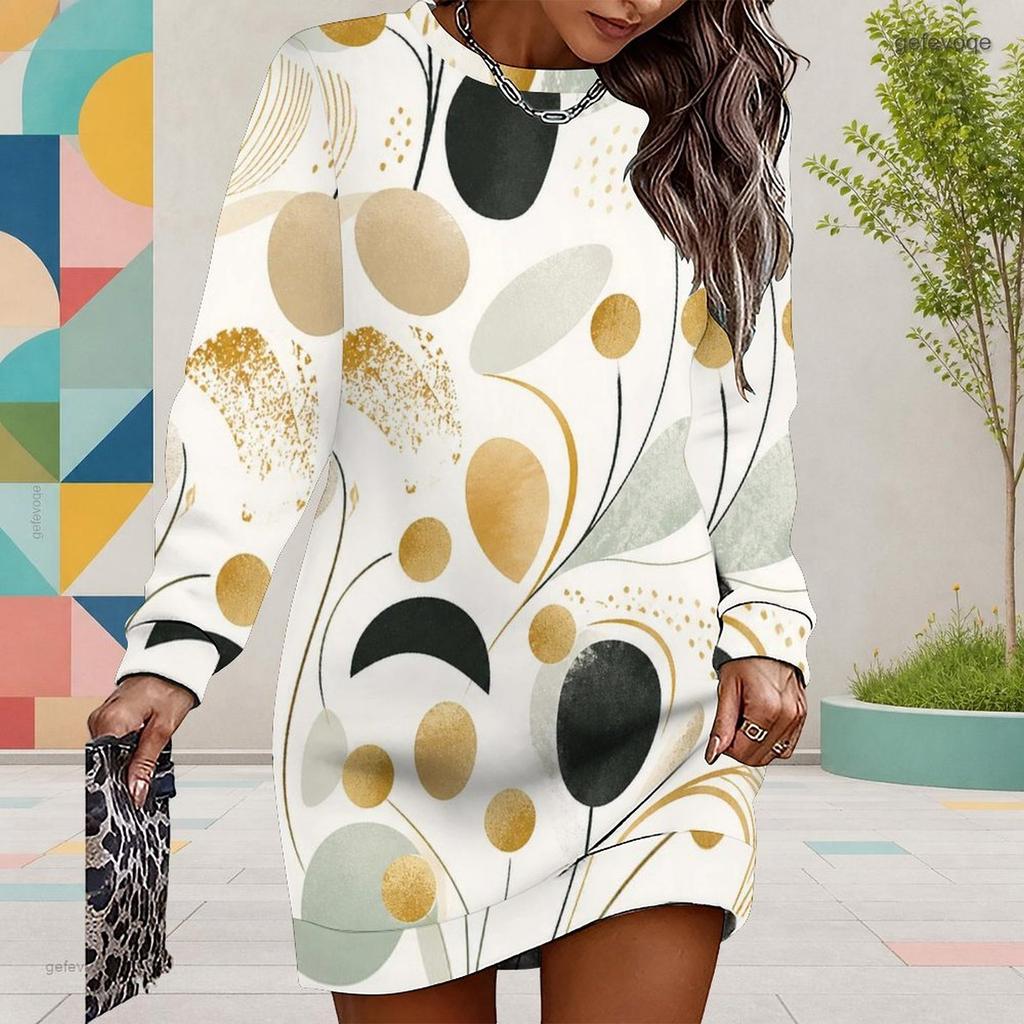 Women Plus Size Round Neck Long Sleeve Printed Black Mini Sweatshirt Dress Ribbed Cuffs