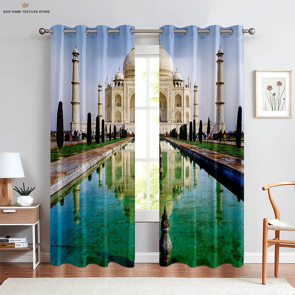 City Building 3D Printing Curtain, Night View Scenery, Bedroom, Living Room, Kitchen, Decorative, Easy To Wash and Care, 2 Pcs