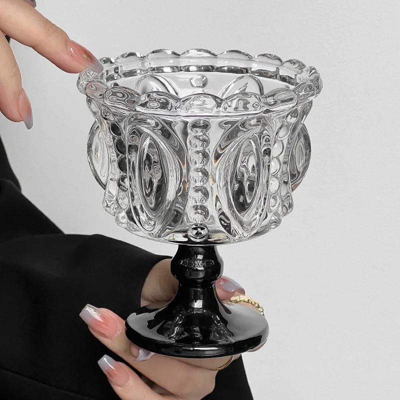  1/2 st retro präglad hög glaskopp whiskymugg ​​svart kristall hem kreativ kaffe glass yoghurt dessertbägare