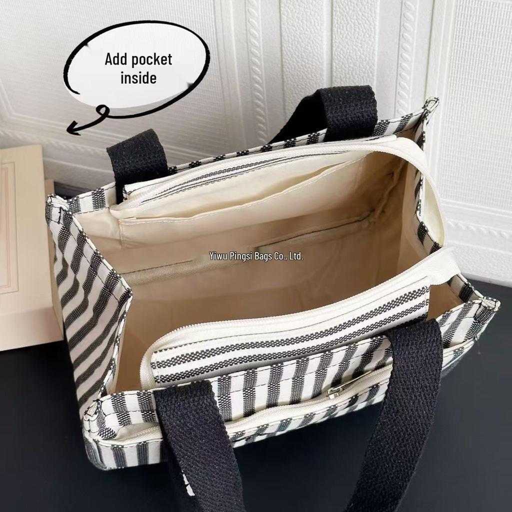 Striped Canvas Tote Bag with Zippered Outer Pocket – Versatile, Large-Capacity Bag for Women As Lunch, Mummy, or Work Bag