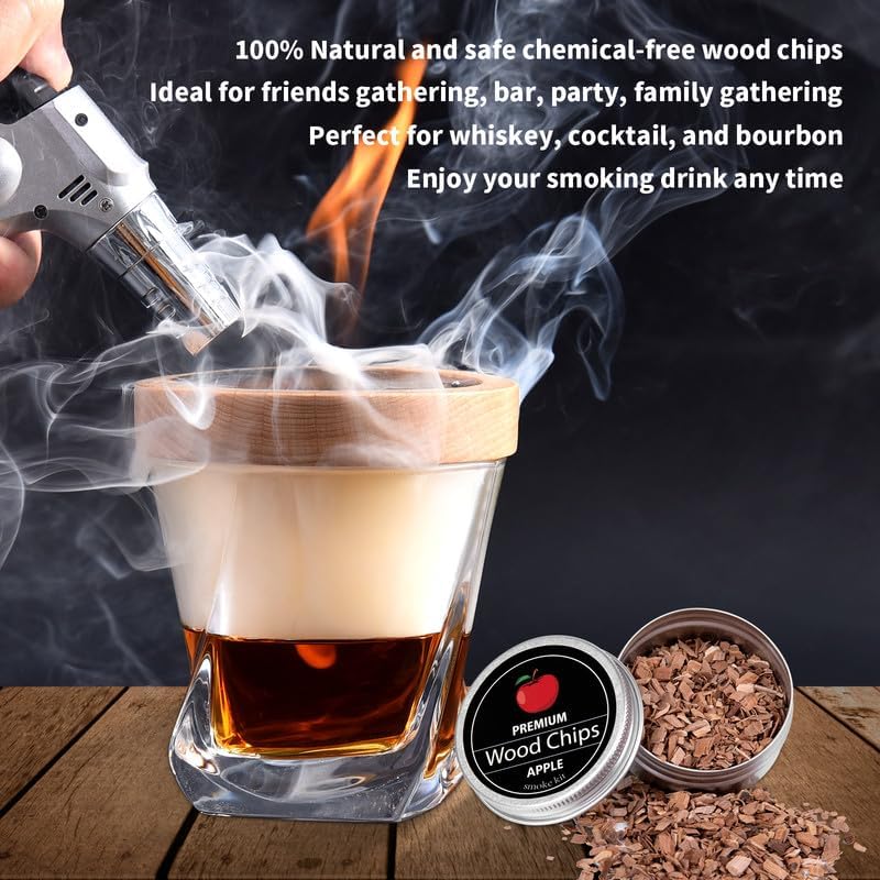 Cocktail Whiskey Smoker Kit with Torch, Old Fashioned Bourbon with 4 Flavored Smoking Wood Chips, Drink Smoker Infuser Kit Gifts for Cocktail Lovers,
