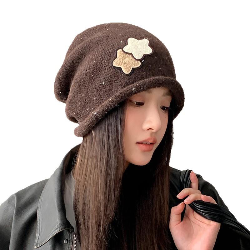 New Versatile Hat for Women with Big Head and Face Small Pile of Hats  Korean Style Star Knitted Pullover Hat Warm Wool Hat