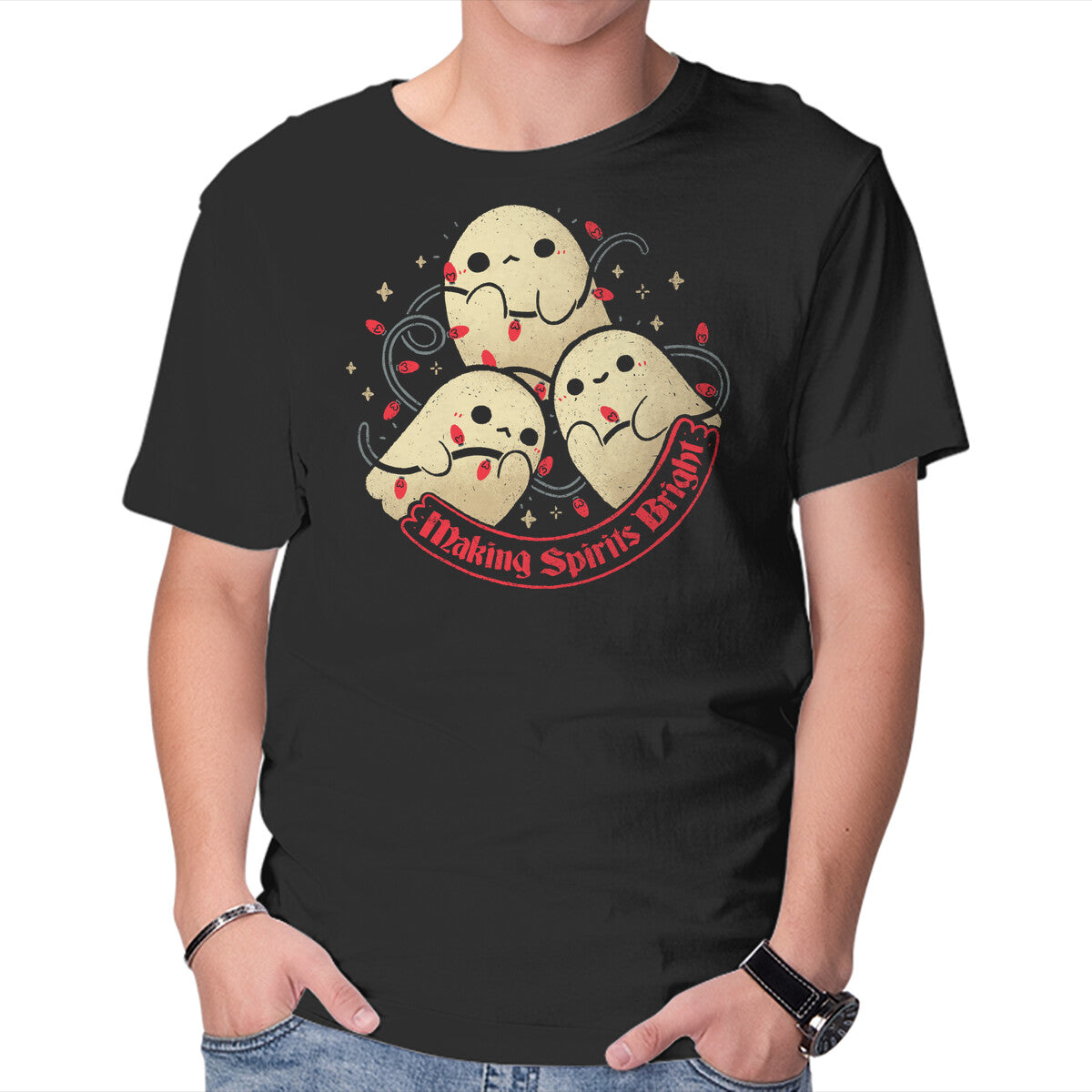 Unisex Crew Neck T-Shirt Cute Ghosts Making Spirits Bright Graphic Short Sleeve Casual Tee XS