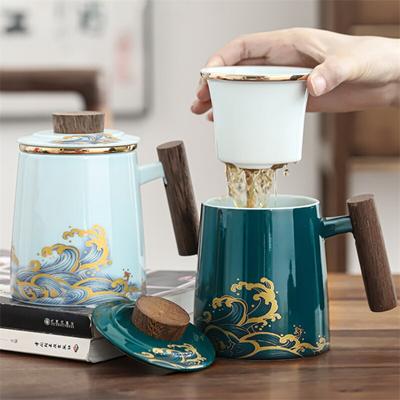 Keramik-Teetasse mit Deckel und Filter, Tee-Trennbecher aus Porzellan, großer Kaffeebecher mit Holzgriff, Trinkgeschirr