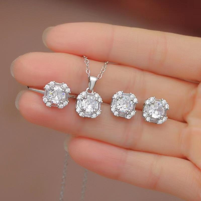 GemChic Women's New Sparkling Classic Block Crystal Rhinestone Pendant Necklace Earrings Ring Three Piece Set Birthday Christmas Jewelry Gift