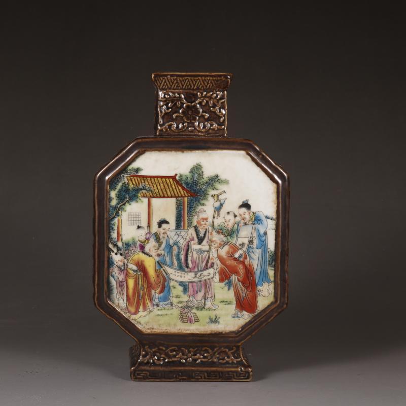 Qing Qianlong Ceramic Vase Figure Four Sided Flat Bottle Porcelain Old Items Antique Collection Ornaments Home Desk Accessories