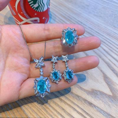 Jewelry Color Treasure Simulation Paraiba Earrings Pendant Ring Small Fresh Jewelry Set