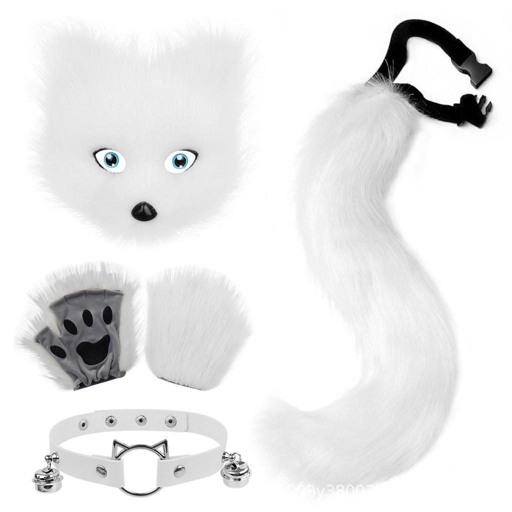 Halloween Fox Mask & Gloves with Plush Tail and Collar Set for Cosplay