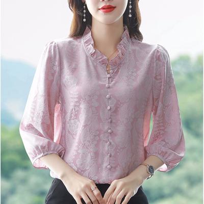Satin T-shirt Womens Spring Latest Cropped Sleeve Top French Wood Ear V-neck Blouse Moms Meat Blouse