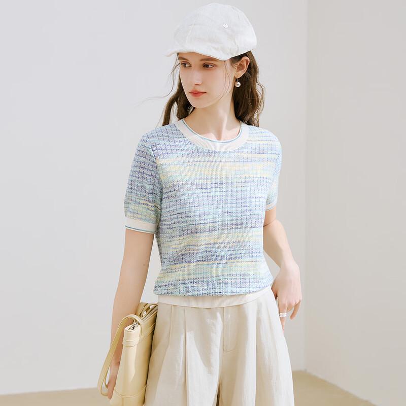 TUHUANG Women's Silk Blend Striped Knit T-Shirt