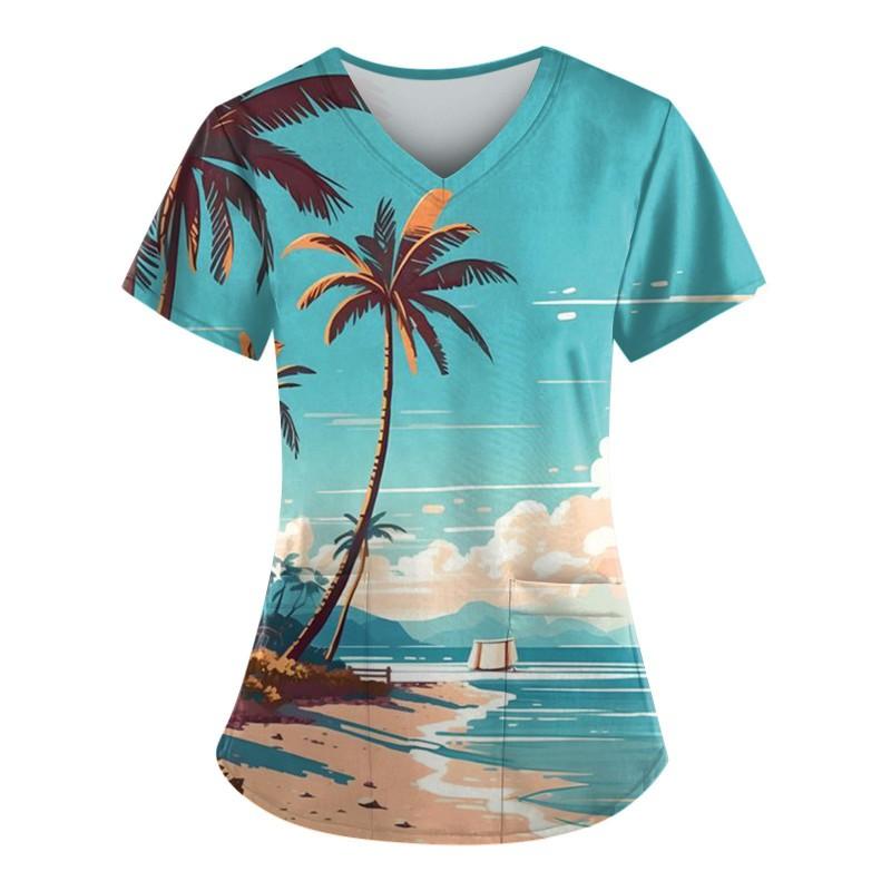 V-Neck Short Sleeve Nursing Scrub Top Women Fashionable Casual Workwear With 3D Print Design Slim Fit 2025 Collection