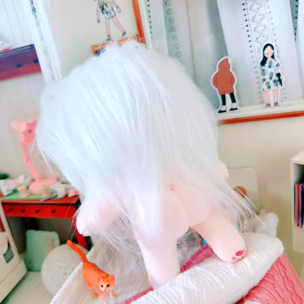 Niannyyhouse 20cm Plush Girl White with Fried Hair and Black No Regular Cotton Skeletons Hair, Attributes, Body, Doll, Dress-Up (10 Included)