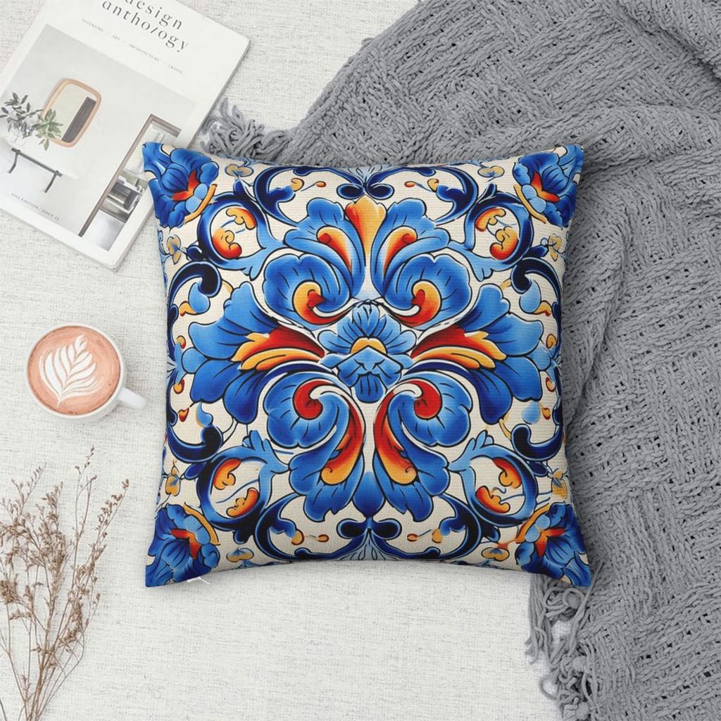 Decorative Spanish Ceramic Tile Print Square Pillowcase Pillow Cover Cushion Throw Pillow For Home Bedroom Car