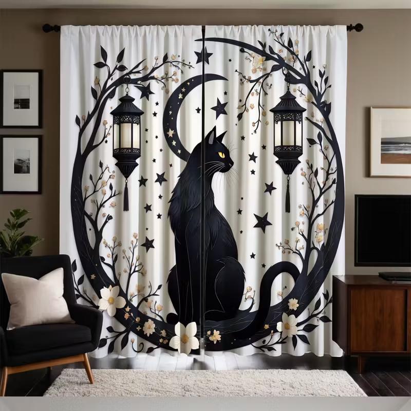 Starry Moon Black Cat Curtains Design Privacy Protection Suitable Decoration Various Scenarios Curtain Set Of 2 Made Polyester With Pole Pocket