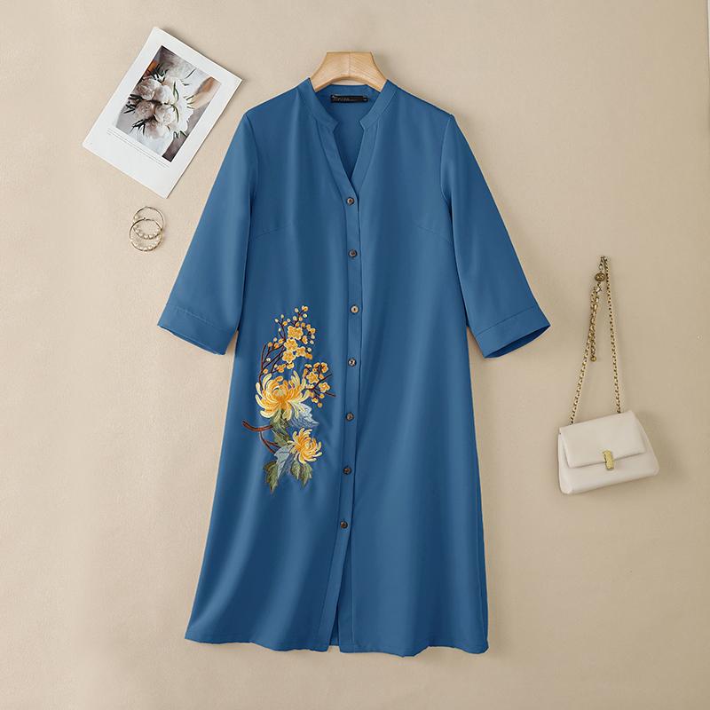 ZANZEA Women Casual V-Neck Floral Embroidery Loose 3/4 Sleeve Midi Dress S синий