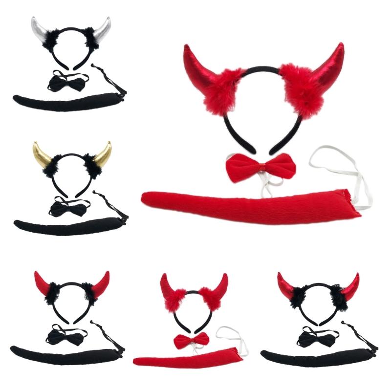 Devil Costume Kits Halloween Party Prop Devil Ears Headband Bow Tie Tail Set Cosplays Performances Prop for Women Kids