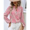 Women's Long Sleeve Shirt V-Neck Embellished Pleated Lantern Sleeves Full Print Button-Up for Summer and Autumn