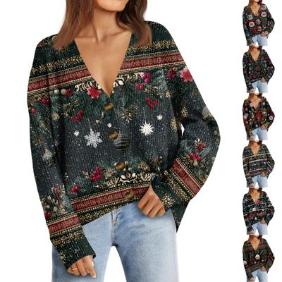 Damenmode Langarm Print V-Ausschnitt Knopf Lockerer Cardigan Top