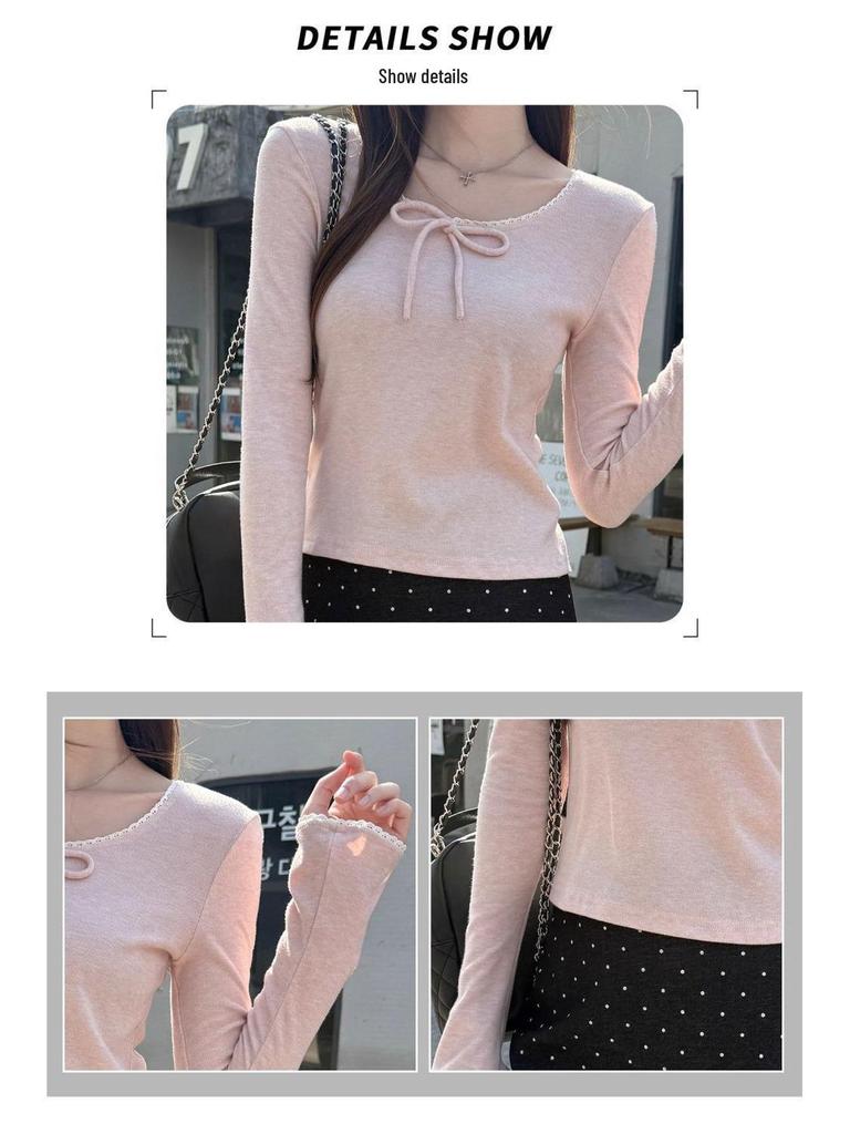 Women's Sweet & Spicy Bow Tie Lace Spliced Long Sleeve Slim Fit Top