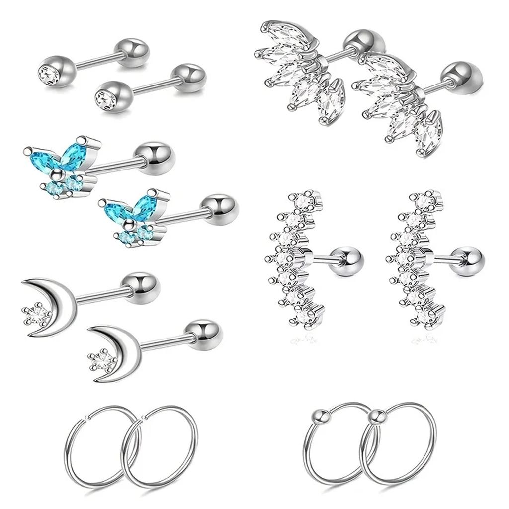 2-14 Pcs Butterfly Moon Stainless Steel Stud Earrings Hypoallergenic Hoops for Tragus Daith Conch Piercing Jewelry