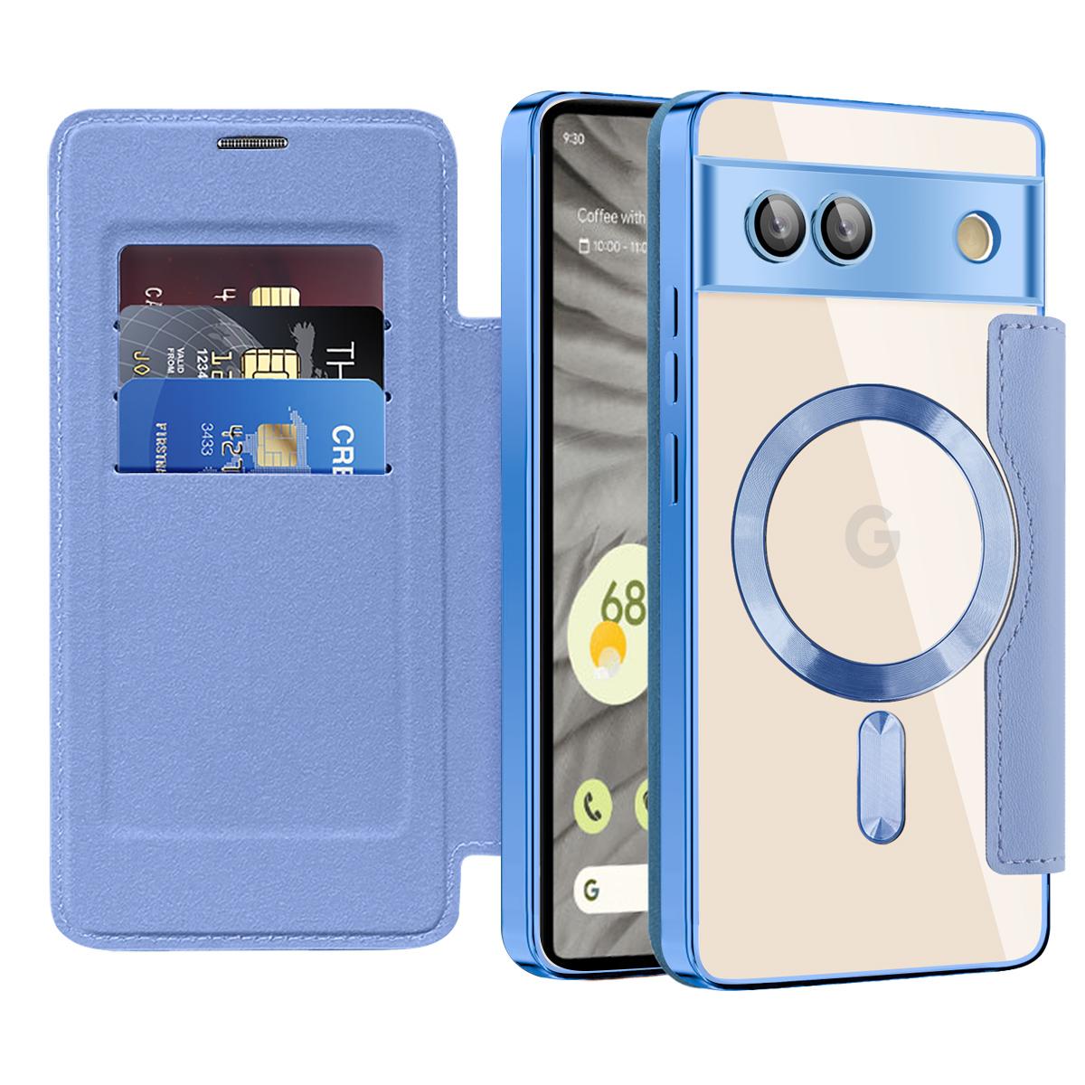 

For Google Pixel 7a Magnetic Case Compatible with MagSafe Card Holder Leather Phone Cover Blue