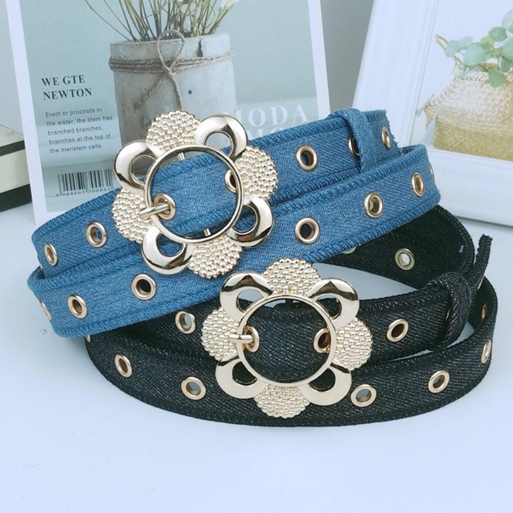 Metal Buckle Denim Waist Belt Hollow Flower Design Fashion Belt Decorative Waist Strap  For Women