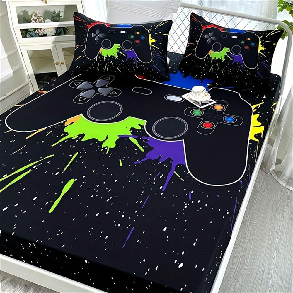 3pcs Fashion Cartoon Football Print Fitted Sheet Set Soft Comfortable Breathable Bedding Mattress Protector Set For Bedroom