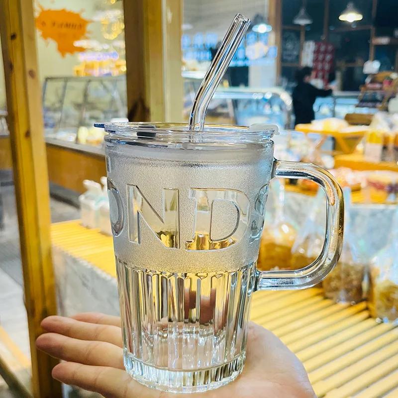 1/3/5PCS Straw Cup Glass Water Cup for Girls Handle with Lid Transparent Embossed Cup Men's New Home Office Milk Glass