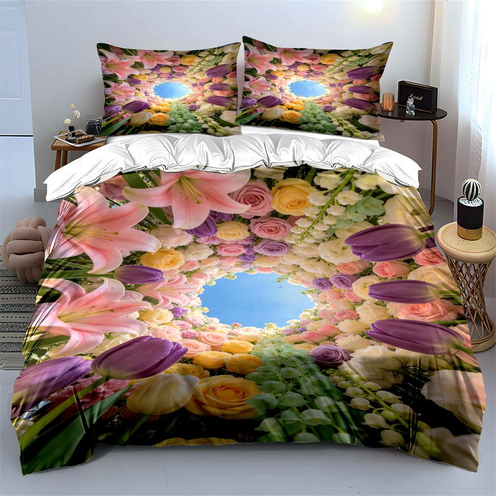 Colorful Flowers Surrounding Sky. Bedding Sets Duvet Cover Sets Duvet Covers Pillowcases(1 * Duvet Cover 2 * Pillowcases Without Duvet Insert)