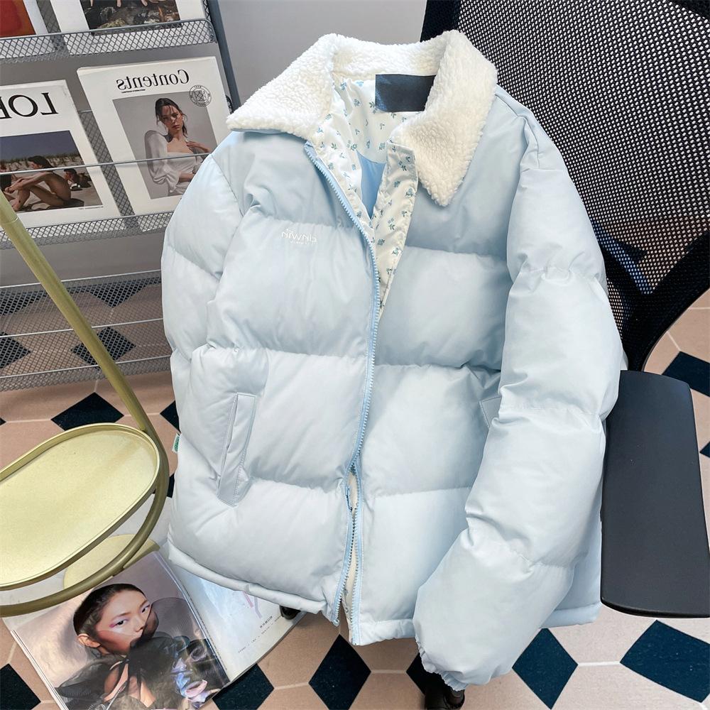 

Милая нишевая одежда из овечьего пуха с цветочным узором для мужчин и женщин, утолщенная на зиму, очень красивое хлопковое пальто M светло-синий