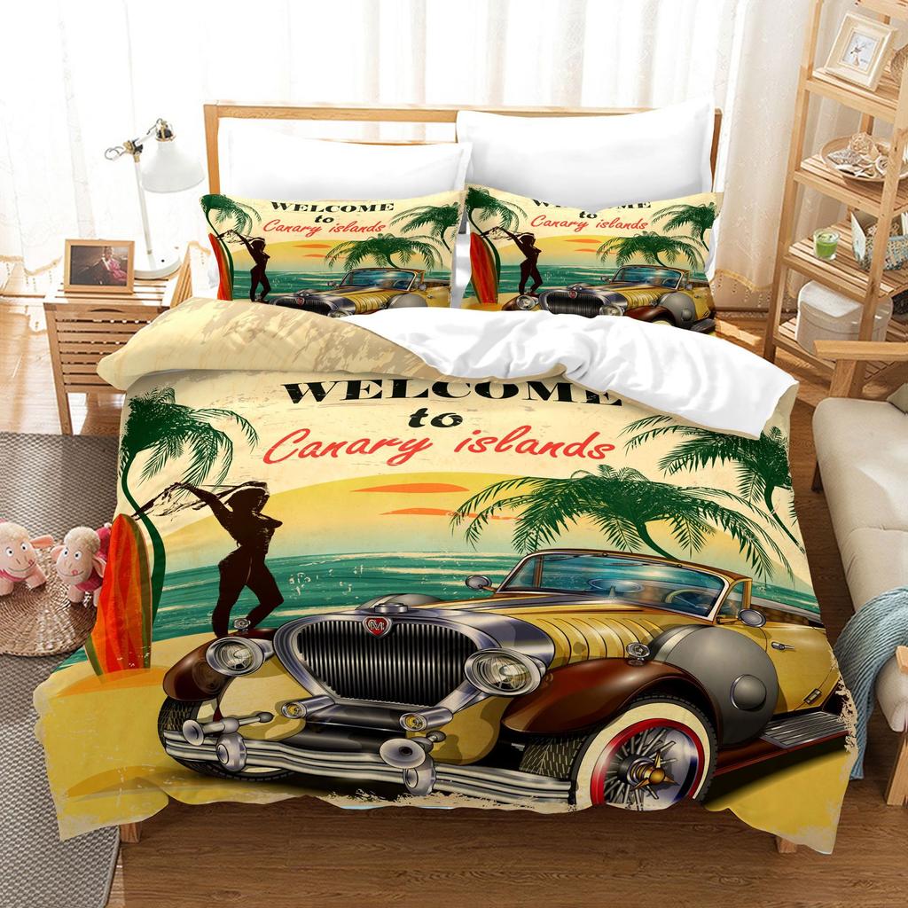 3pcs Bedding Set Hand Drawn Cars Print Duvet Cover Set Single Double King Size Bed Set for Adult Home Bedroom with Pillow Case