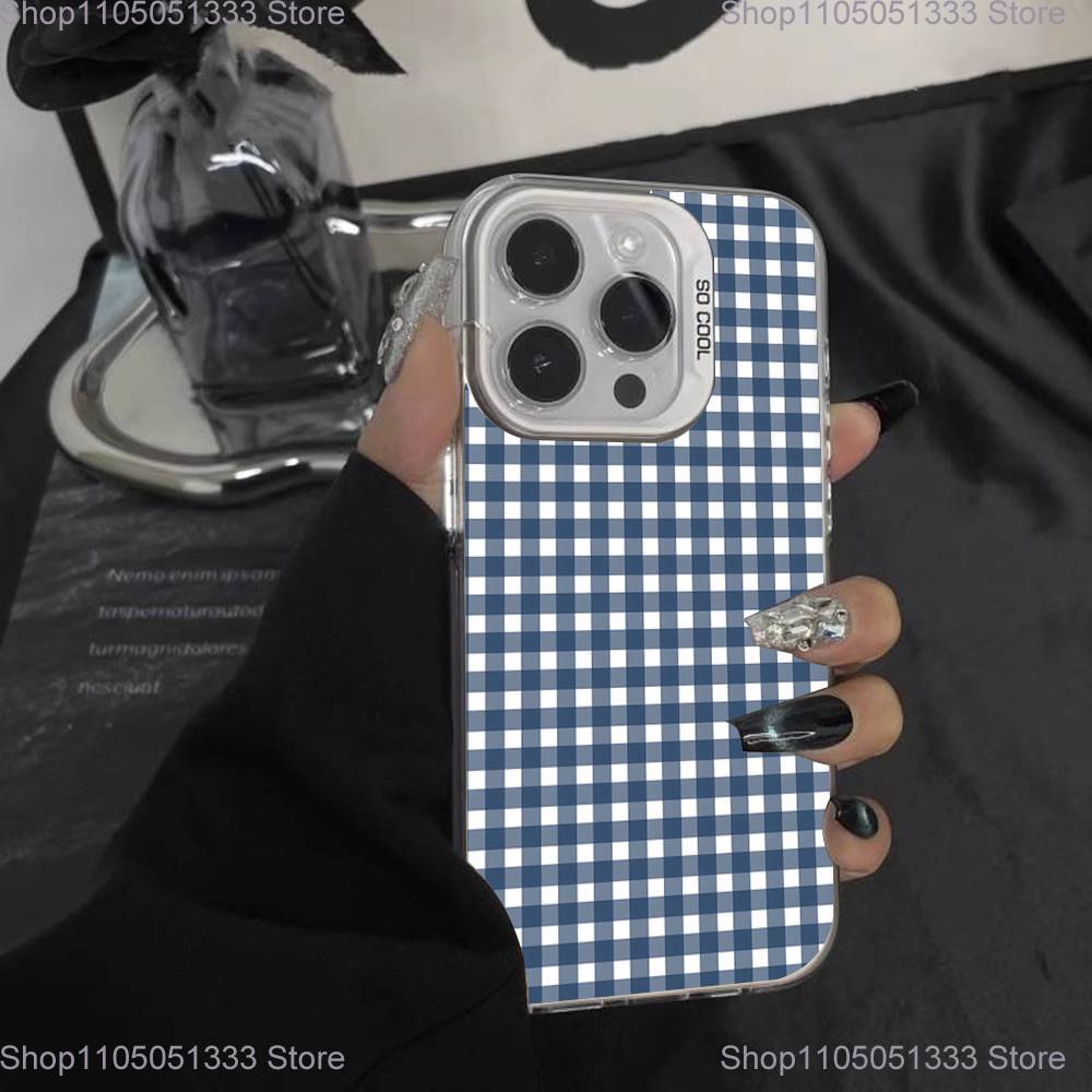 Ins Korean Blue Striped Grid Phone Case For iPhone 17,16,15,14,13,12,Pro,XS,Max,Plus,Mini,SE White Candy Matte Shockproof Cover