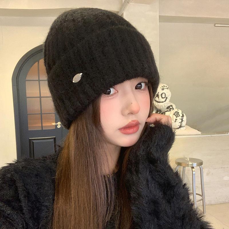 Blue wool hat women's autumn and winter versatile face small knitted hat big head circumference cold and warm bag head hat