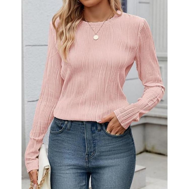 Women Long Sleeve Solid Color Top Round Neck Shirt for Autumn Winter