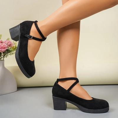 Mode 2025 Damenschuhe Runde Zehenpartie Schnallenriemen Damen High Heels Klassische Schwarze Büro-Pumps Damen Flache Klobige Absätze Damenschuhe