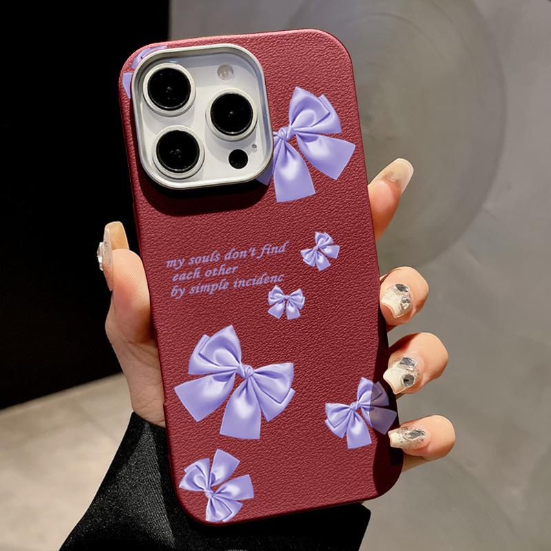 Purple Bowknot Print TPU Leather Texture Slim Magnetic Case For iPhone 16 Pro Max 15 14 Pro 13 12 11 for MagSafe Matte Shockproof Soft Phone Cover