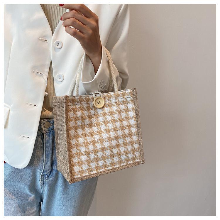 Ins Style Fashion Plaid Portable Linen Bag Large Capacity Square Bottom Jute Shopping Bag Linen Waterproof Gift Bag
