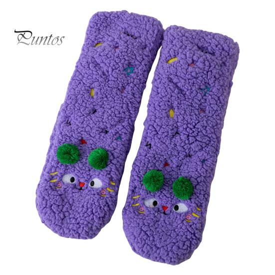 1 Pair Winter Floor Socks Cartoon Design Animal Embroidery Ultra Thick Fleece Keep Warm Mid-tube Non-slip Slipper Socks